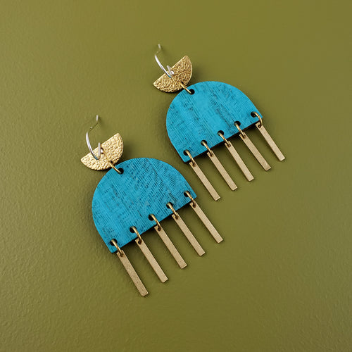 Liz Wooden Fringed Earrings- Aqua