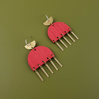 Liz Wooden Fringed Earrings- Classic Red