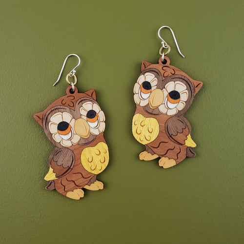 Kitschy Owl Wooden Inlay Earrings