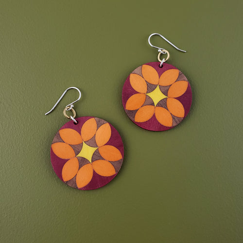 Patchwork Wooden Inlay Earrings - Orange