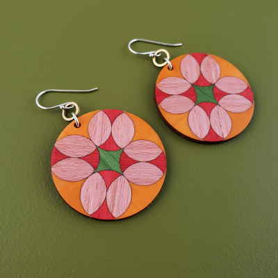 Patchwork Wooden Inlay Earrings - Pink