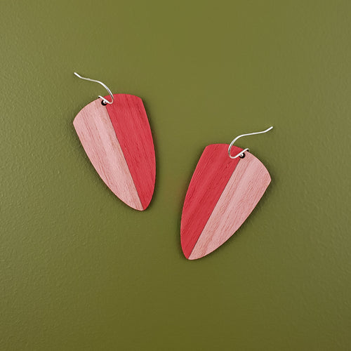 Split-Color Wooden Shield Earrings- Red & Pink