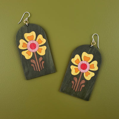 Giant Imaginary Flowers Earrings- Retro Olive