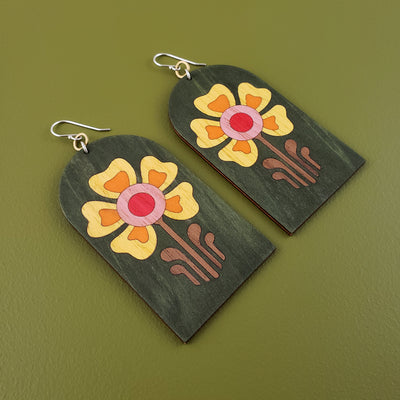 Giant Imaginary Flowers Earrings- Retro Olive