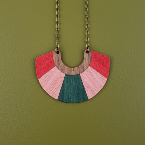 Arch Wooden Inlay Necklace- Red/Pink/Emerald