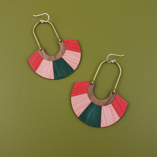 Archway Wooden Inlay Earrings- Red/Pink/Emerald