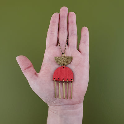 Desi Wooden Fringed Necklace- Classic Red