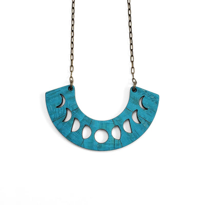 Moonphase Wooden Inlay Necklace - Aqua