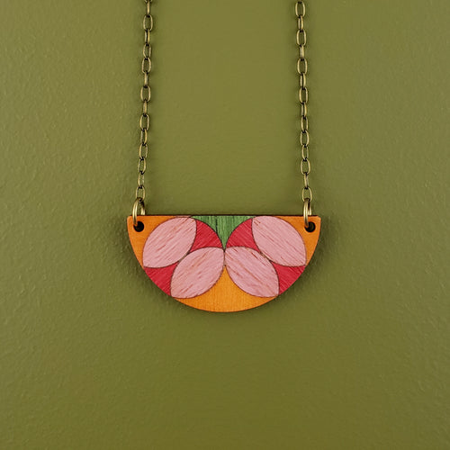 Patchwork Wooden Inlay Necklace - Pink